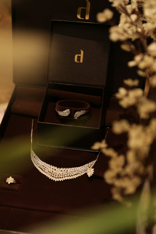 Elegant jewelry is displayed in a luxurious box.