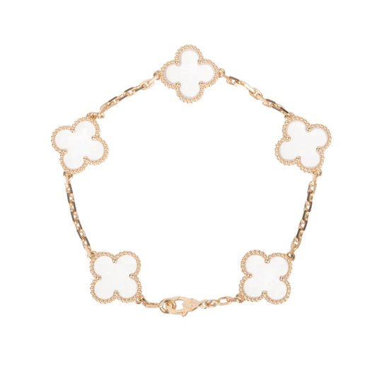 [LuxJewelry]CLOVER 5 MOTIF ROCK CRYSTAL PINK GOLD BRACELET