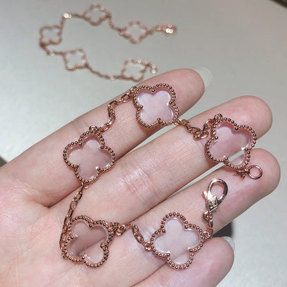 [LuxJewelry]CLOVER 5 MOTIF ROCK CRYSTAL PINK GOLD BRACELET