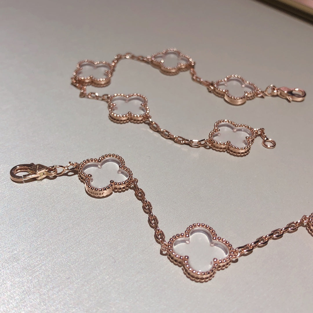 [LuxJewelry]CLOVER 5 MOTIF ROCK CRYSTAL PINK GOLD BRACELET