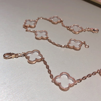 [LuxJewelry]CLOVER 5 MOTIF ROCK CRYSTAL PINK GOLD BRACELET