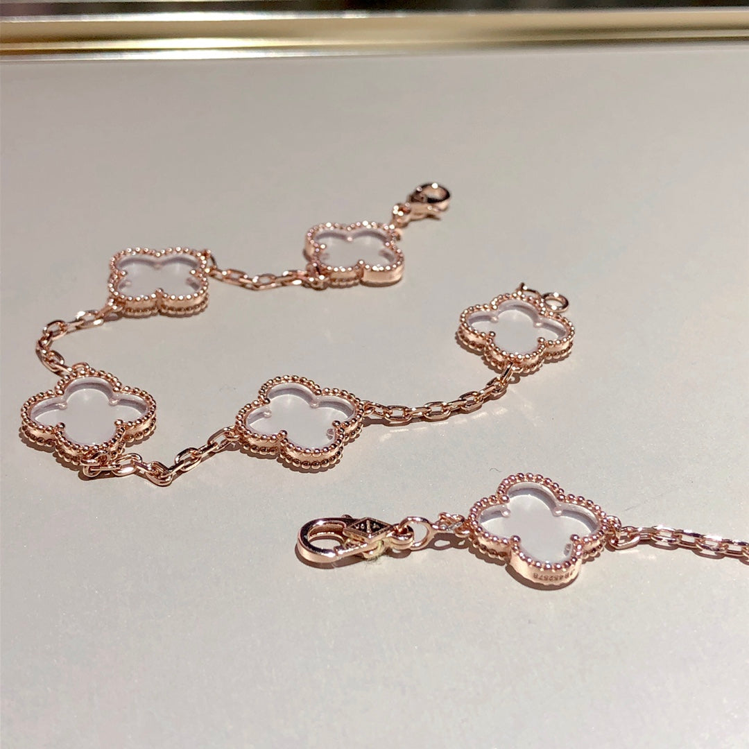 [LuxJewelry]CLOVER 5 MOTIF ROCK CRYSTAL PINK GOLD BRACELET