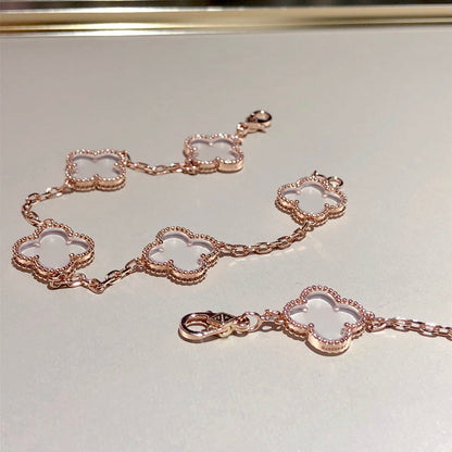 [LuxJewelry]CLOVER 5 MOTIF ROCK CRYSTAL PINK GOLD BRACELET