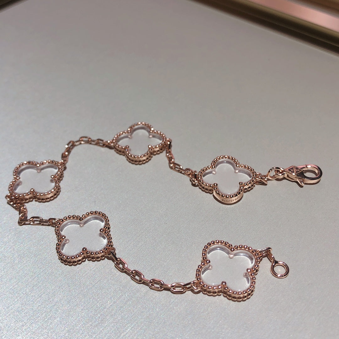 [LuxJewelry]CLOVER 5 MOTIF ROCK CRYSTAL PINK GOLD BRACELET