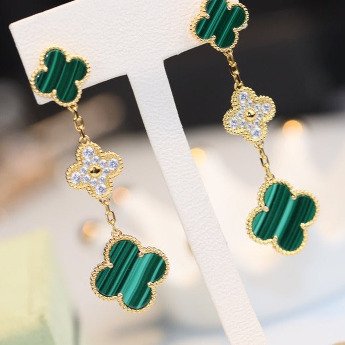 [LuxJewelry]CLOVER EARRINGS GOLD MALACHITE DIAMOND 3 MOTIF