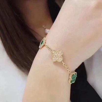 [LuxJewelry]CLOVER  5 MOTIF MALACHITE DIAMOND BRACELET