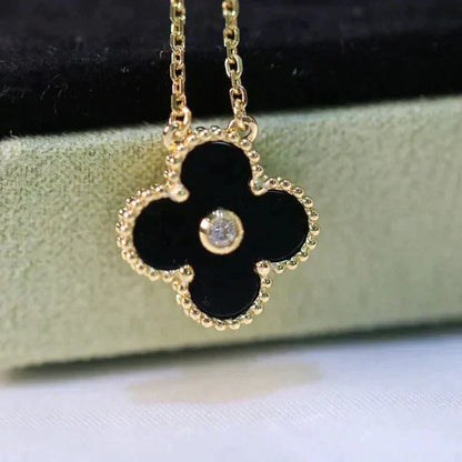 [LuxJewelry]CLOVER 15MM DIAMOND ONYX NECKLACE