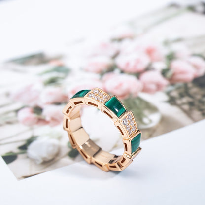 [LuxJewelry]SERPENTI RING PINK GOLD MALACHITE DIAMOND PAVED 4MM