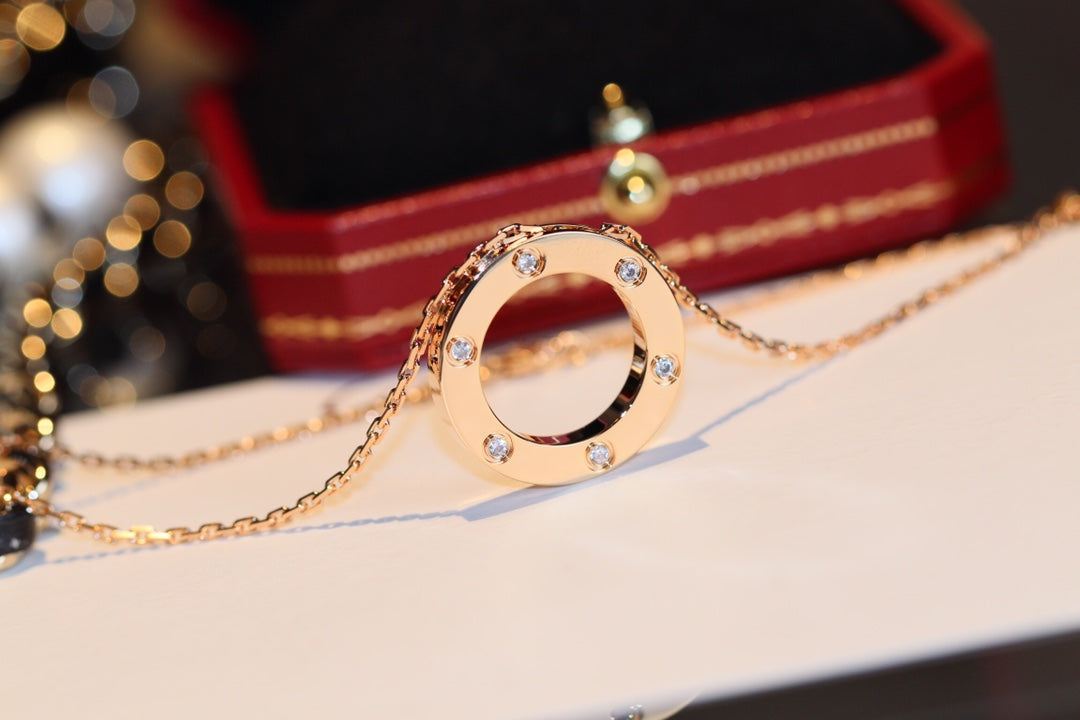 [LuxJewelry]LOVE NECKLACE 16MM 6 DIAMONDS PINK GOLD