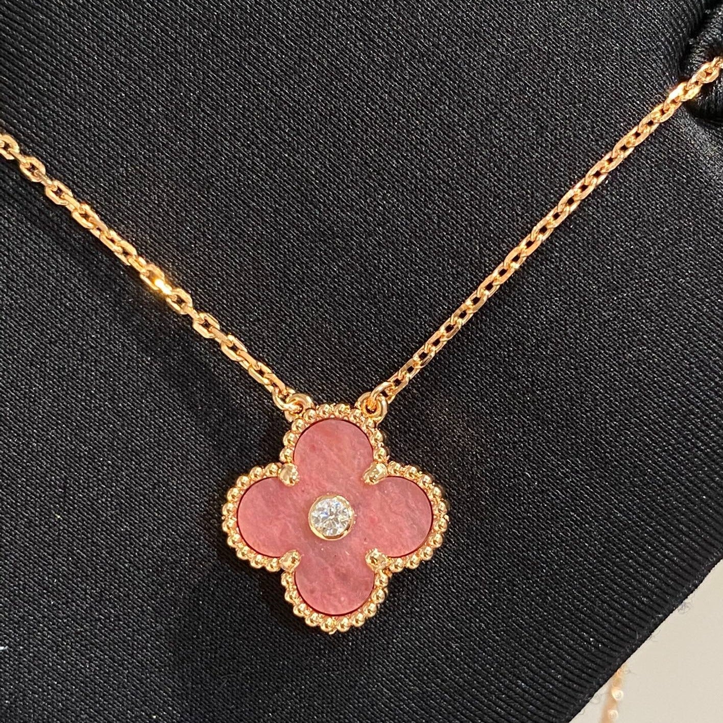 [LuxJewelry]CLOVER 15MM DIAMOND RHODONITE NECKLACE