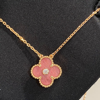 [LuxJewelry]CLOVER 15MM DIAMOND RHODONITE NECKLACE