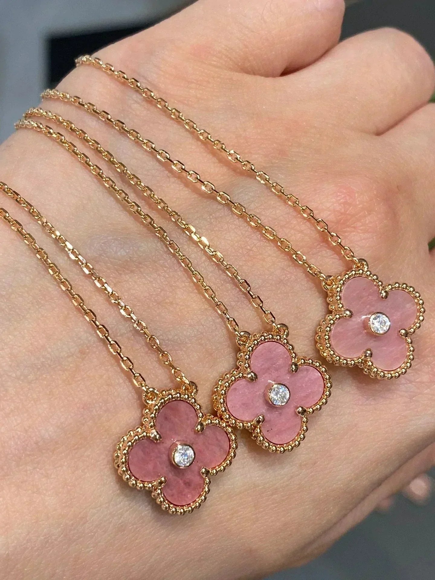 [LuxJewelry]CLOVER 15MM DIAMOND RHODONITE NECKLACE