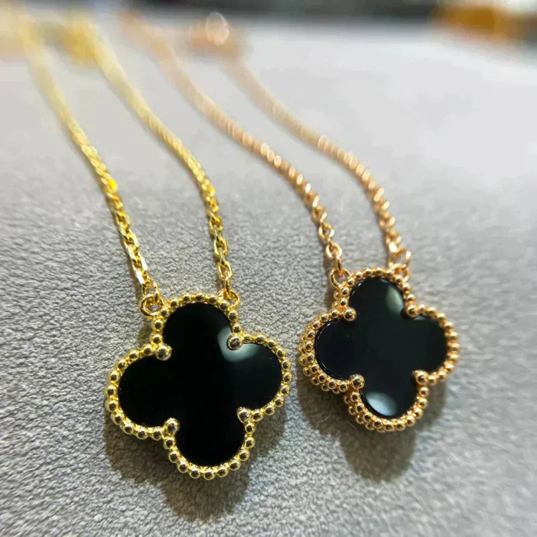 [LuxJewelry]CLOVER 15MM BLACK ONYX SINGLE FLOWER NECKLACE
