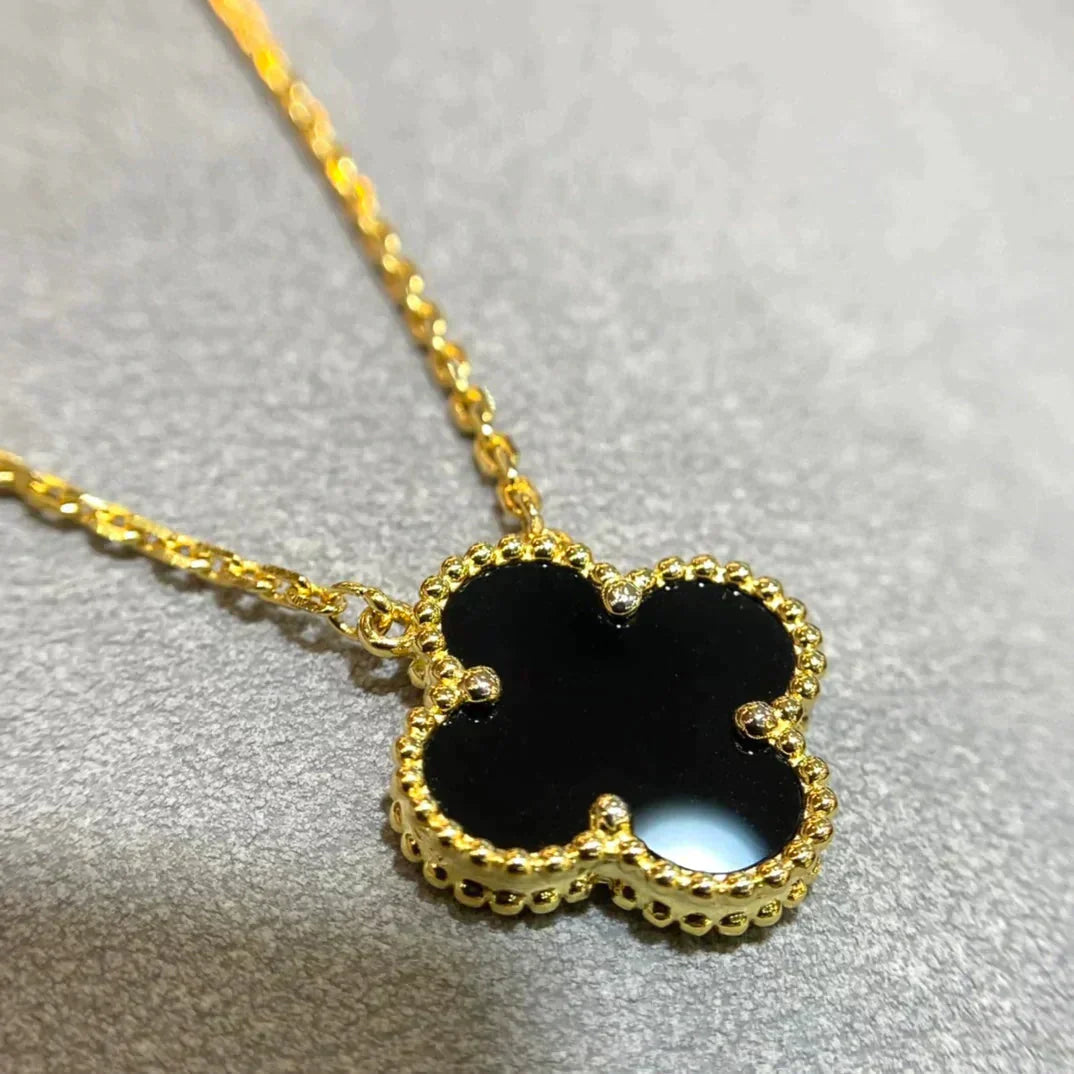 [LuxJewelry]CLOVER 15MM BLACK ONYX SINGLE FLOWER NECKLACE
