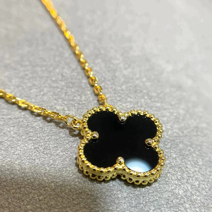 [LuxJewelry]CLOVER 15MM BLACK ONYX SINGLE FLOWER NECKLACE