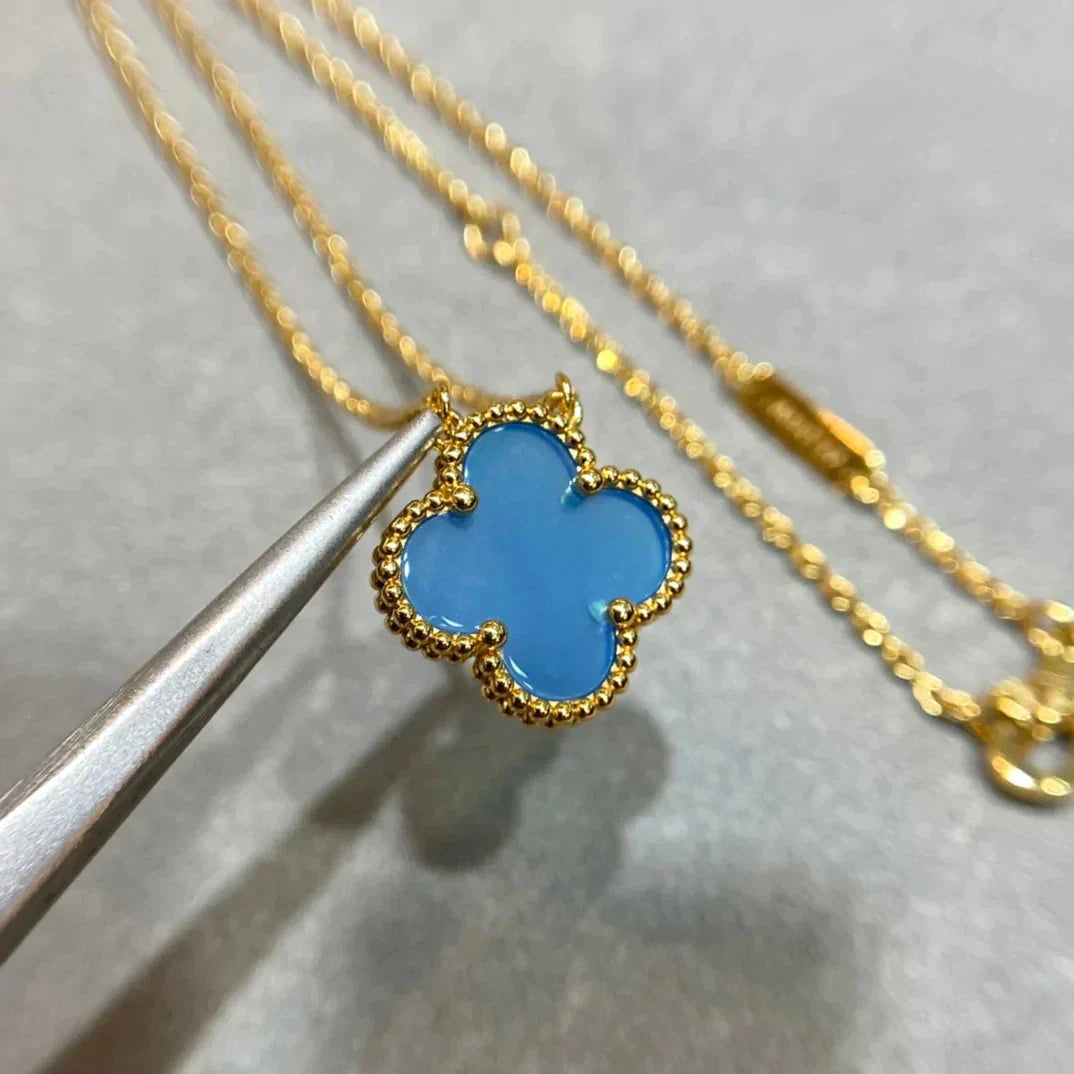 [LuxJewelry]CLOVER 15MM BLUE AGATE NECKLACE