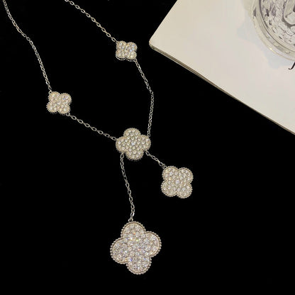 [LuxJewelry]CLOVER 5 MOTIFS SILVER DIAMONDS NECKLACE