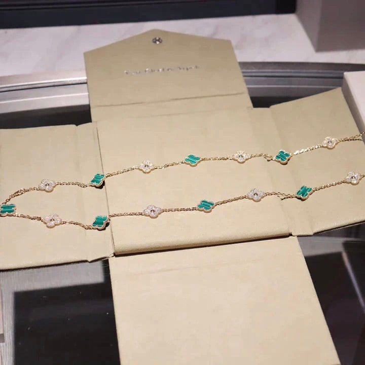 [LuxJewelry]CLOVER 20 MOTIFS MALACHITE DIAMOND NECKLACE