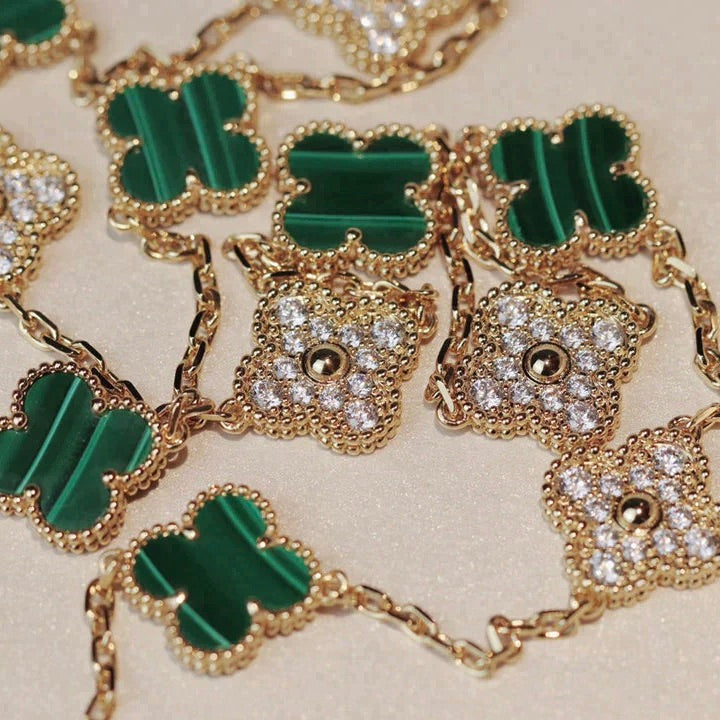 [LuxJewelry]CLOVER 20 MOTIFS MALACHITE DIAMOND NECKLACE