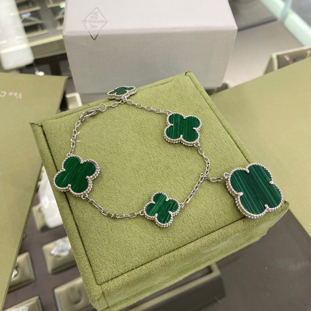 [LuxJewelry]CLOVER 5 MOTIFS SIVLER MALACHITE BRACELET