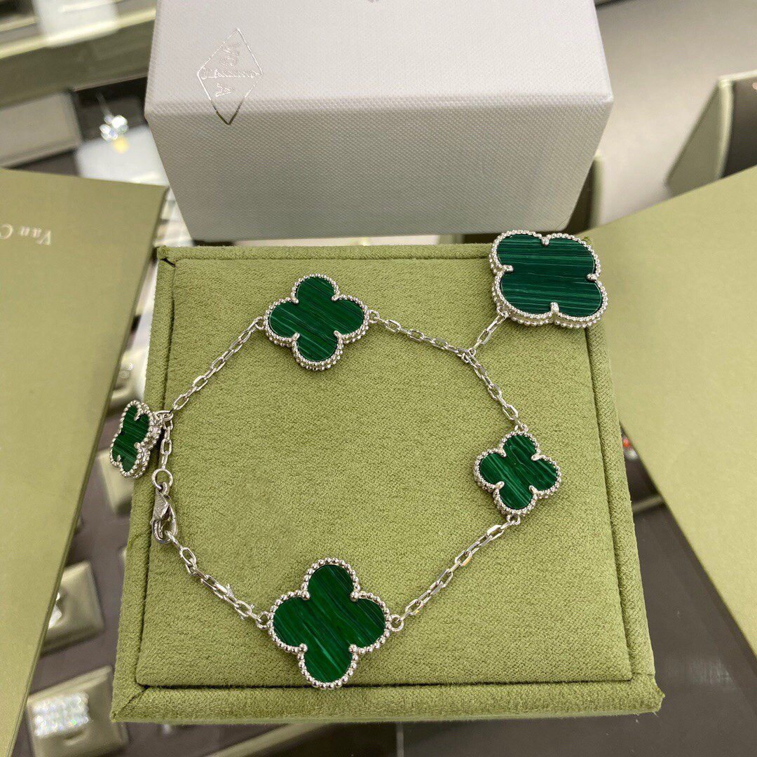 [LuxJewelry]CLOVER 5 MOTIFS SIVLER MALACHITE BRACELET