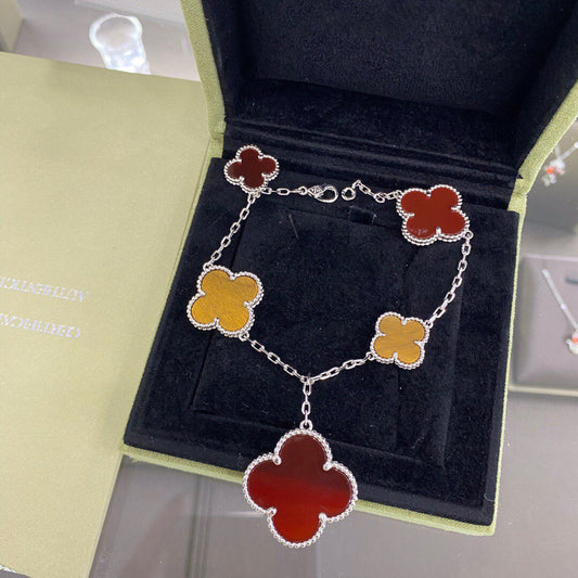 [Top&on]CLOVER 5 MOTIFS SIVLER CARNELIAN TIGER EYE BRACELET