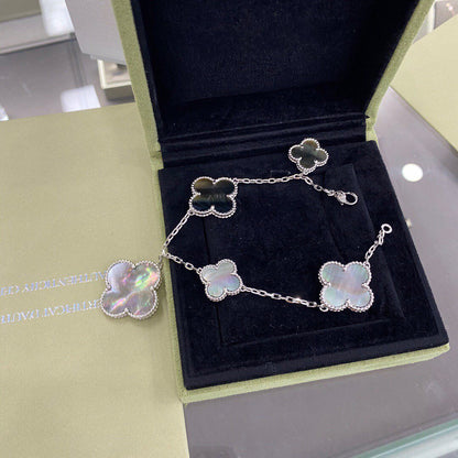 [LuxJewelry]CLOVER 5 MOTIFS SIVLER DARK MOP BRACELET