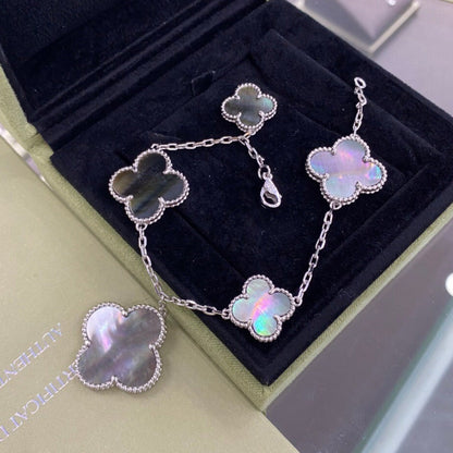 [LuxJewelry]CLOVER 5 MOTIFS SIVLER DARK MOP BRACELET
