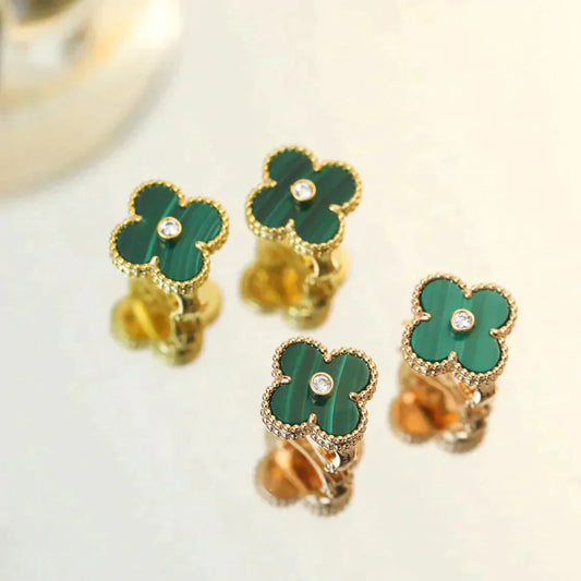 [LuxJewelry]CLOVER MEDIUM 1 MOTIFS MALACHITE DIAMOND EARRINGS