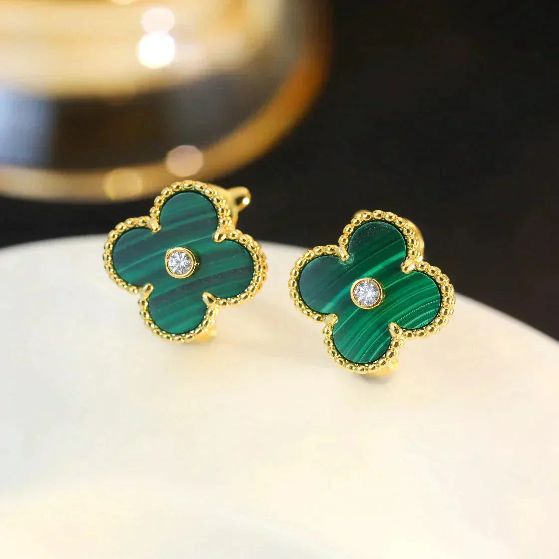 [LuxJewelry]CLOVER MEDIUM 1 MOTIFS MALACHITE DIAMOND EARRINGS