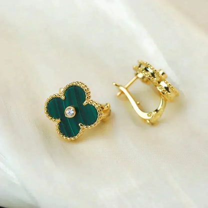 [LuxJewelry]CLOVER MEDIUM 1 MOTIFS MALACHITE DIAMOND EARRINGS