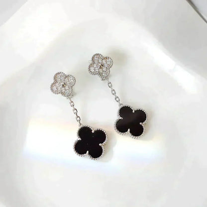 [LuxJewelry]CLOVER 2 MOTIFS  DIAMOND ONYX EARRINGS SILVER