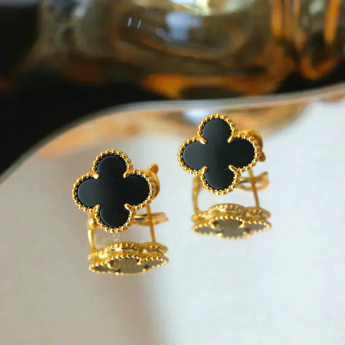 [LuxJewelry]CLOVER MEDIUM 1 MOTIFS  ONYX STUD EARRINGS