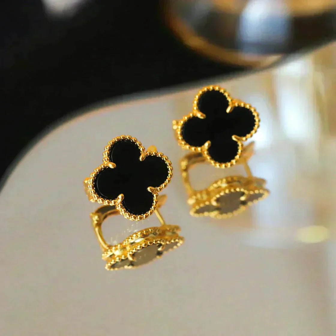 [LuxJewelry]CLOVER MEDIUM 1 MOTIFS  ONYX STUD EARRINGS