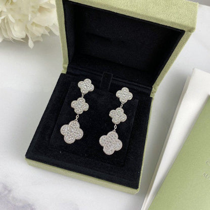 [LuxJewelry]CLOVER 3 MOTIF DIAMOND SILVER DROP EARRINGS