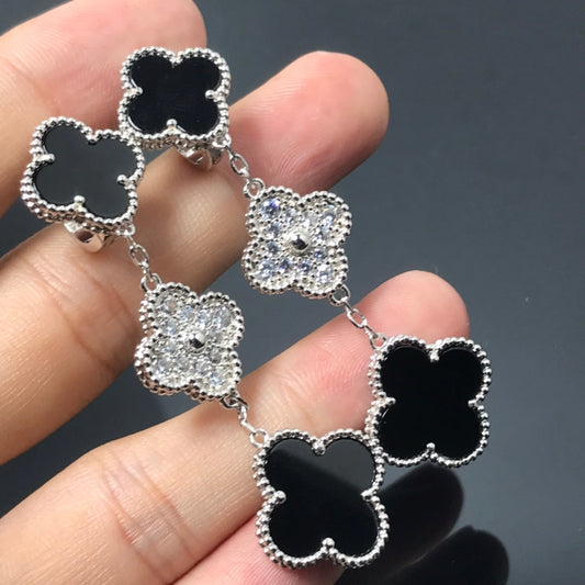 [LuxJewelry]CLOVER 3 MOTIF DIAMOND ONYX SILVER EARRINGS