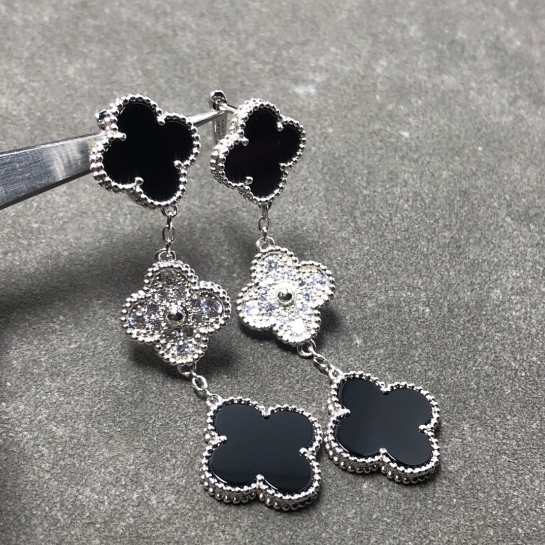 [LuxJewelry]CLOVER 3 MOTIF DIAMOND ONYX SILVER EARRINGS