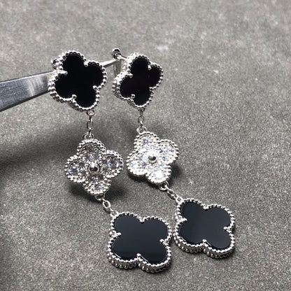 [LuxJewelry]CLOVER 3 MOTIF DIAMOND ONYX SILVER EARRINGS