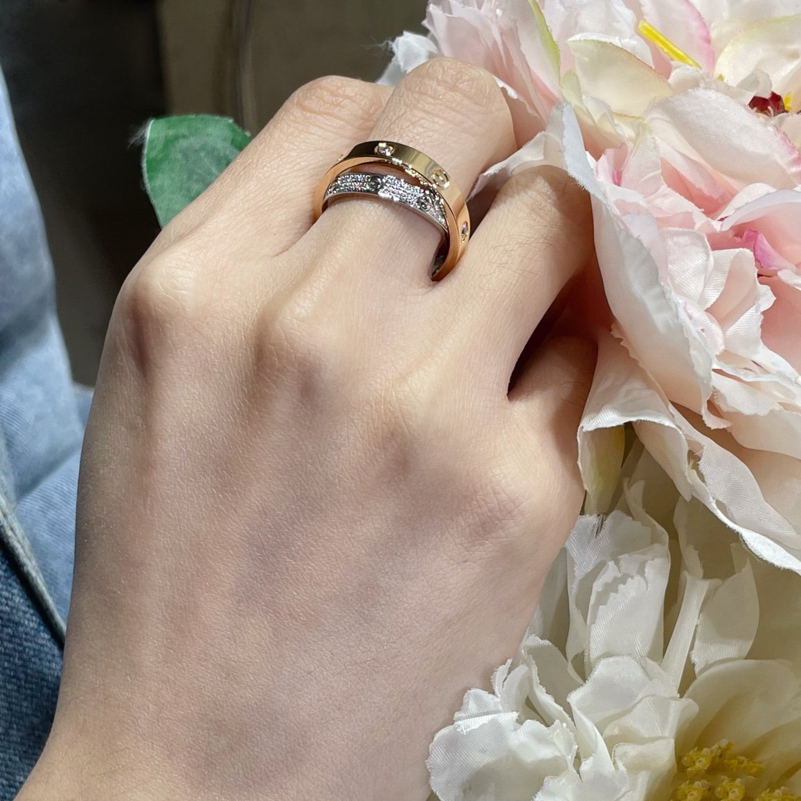 [LuxJewelry]LOVE PINK GOLD SILVER DIAMOND DOUBLE RING