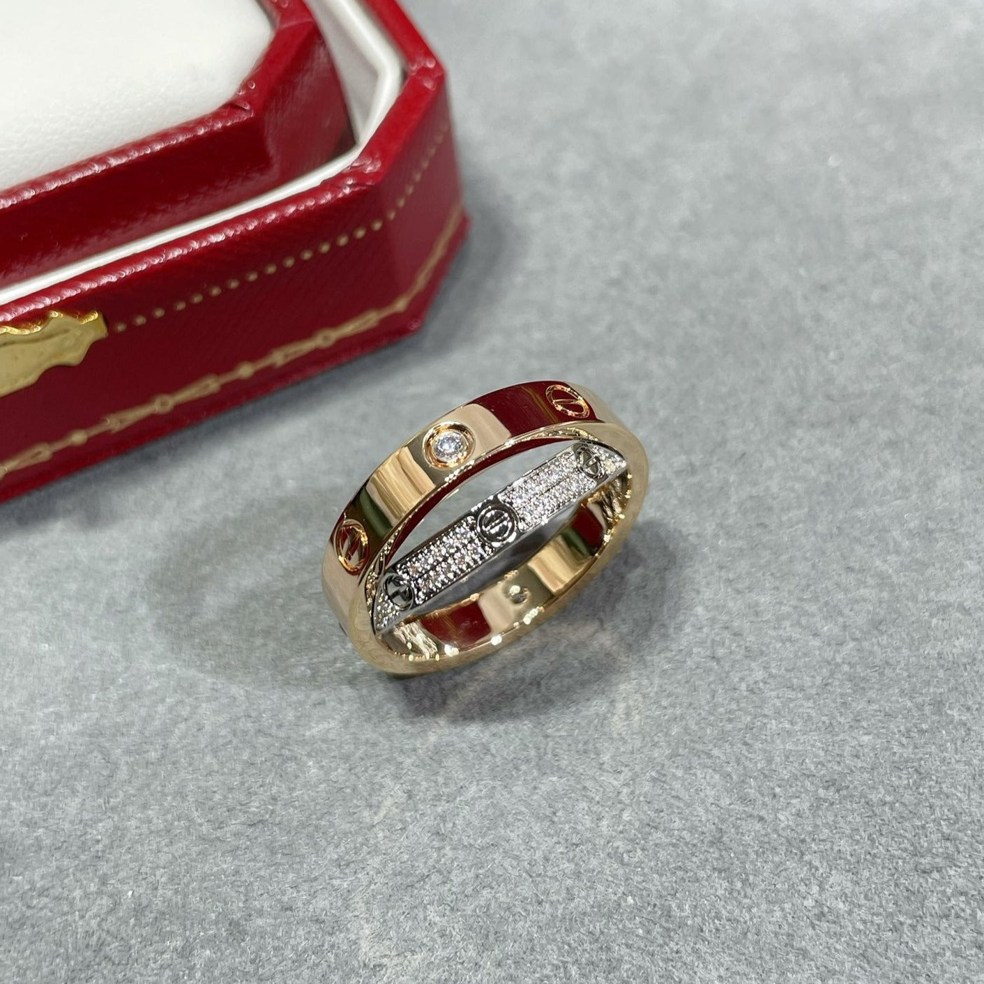 [LuxJewelry]LOVE PINK GOLD SILVER DIAMOND DOUBLE RING