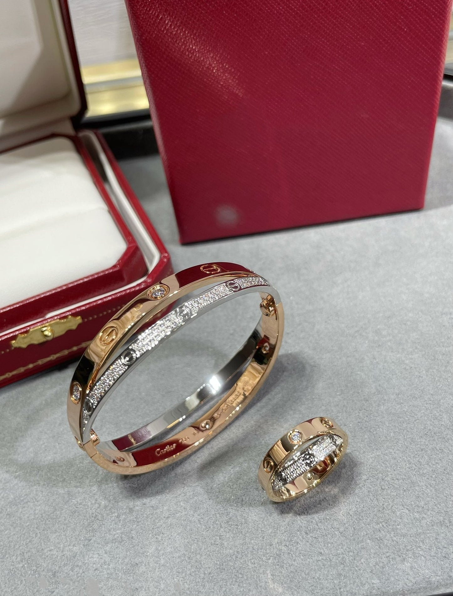 [LuxJewelry]LOVE PINK GOLD SILVER DIAMOND DOUBLE RING