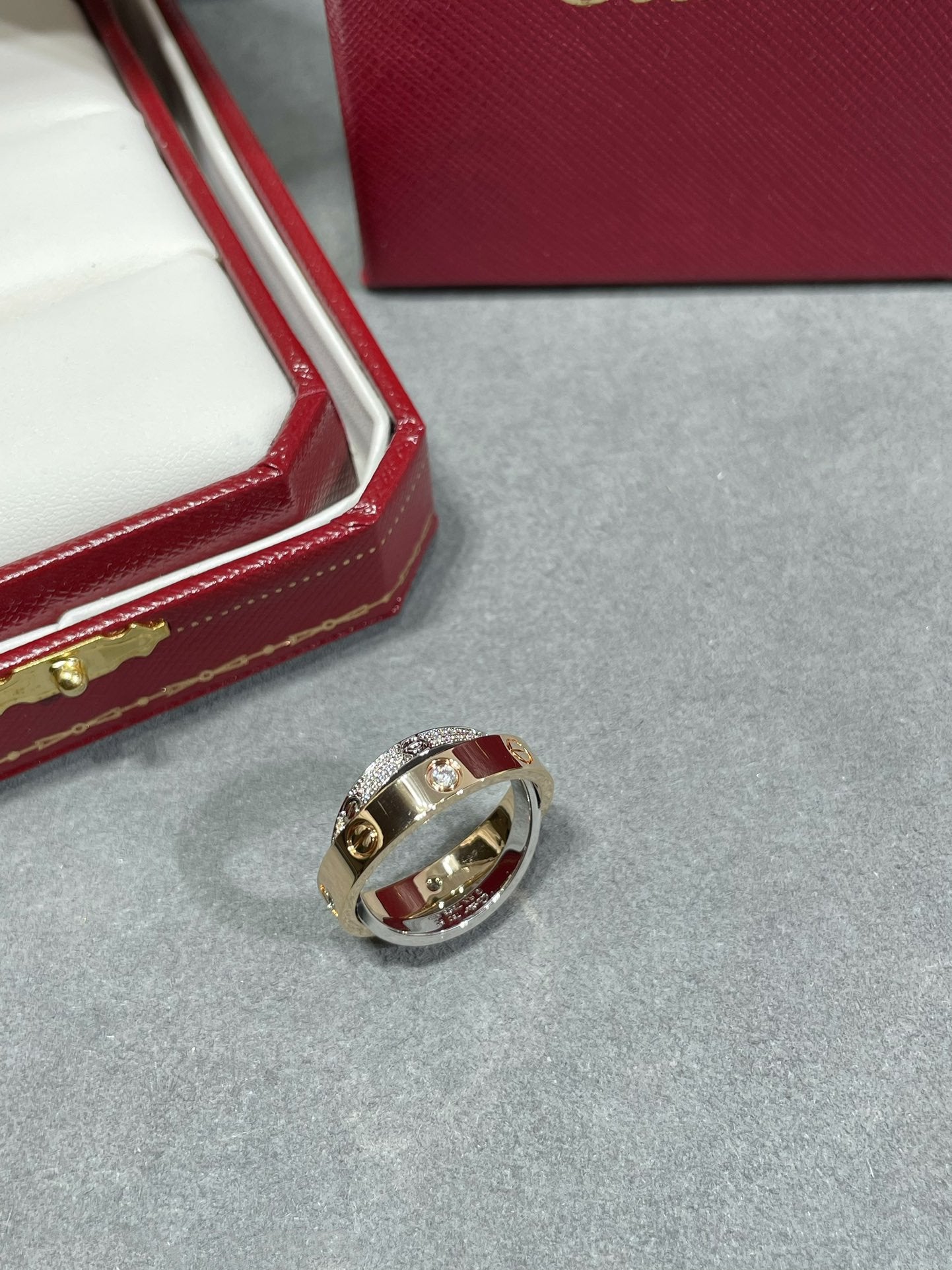 [LuxJewelry]LOVE PINK GOLD SILVER DIAMOND DOUBLE RING