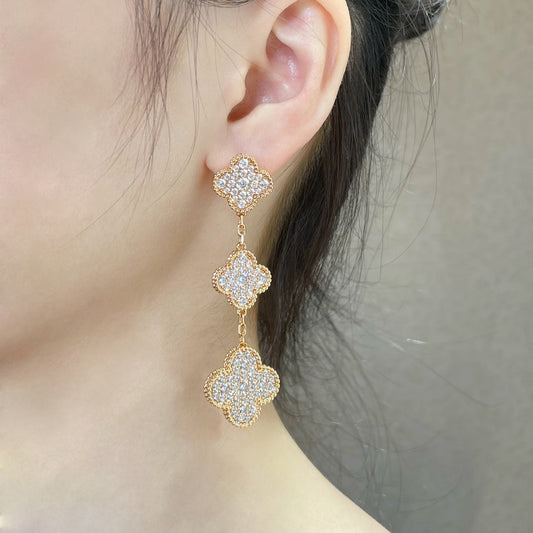 [LuxJewelry]CLOVER 3 MOTIFS DIAMOND PAVED ROSE GOLD EARRINGS