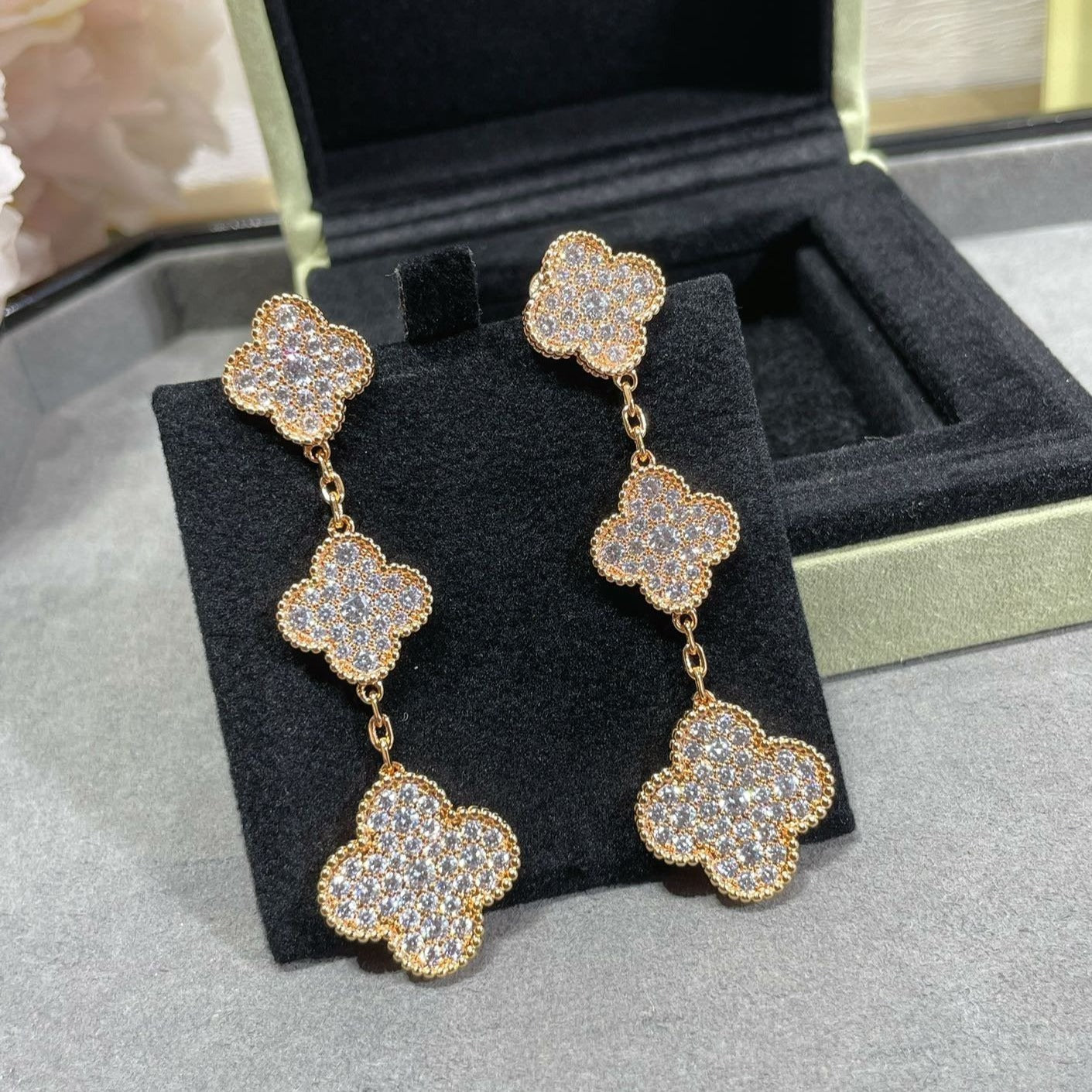 [LuxJewelry]CLOVER 3 MOTIFS DIAMOND PAVED ROSE GOLD EARRINGS