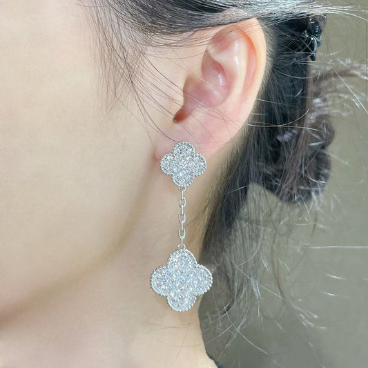 [LuxJewelry]CLOVER 2 MOTIFS DIAMOND PAVED SILVER EARRINGS
