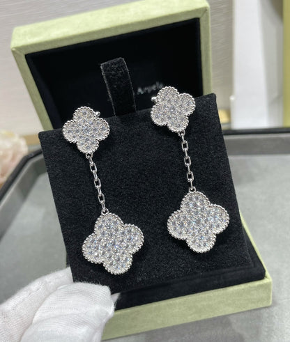 [LuxJewelry]CLOVER 2 MOTIFS DIAMOND PAVED SILVER EARRINGS