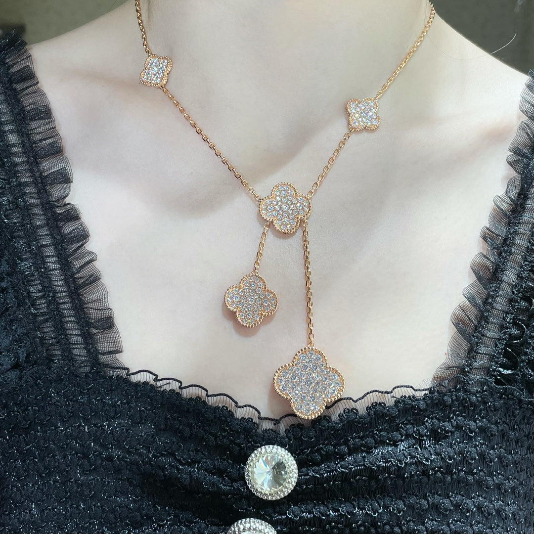[LuxJewelry]CLOVER 6 MOTIF DIAMOND PAVED NECKLACE