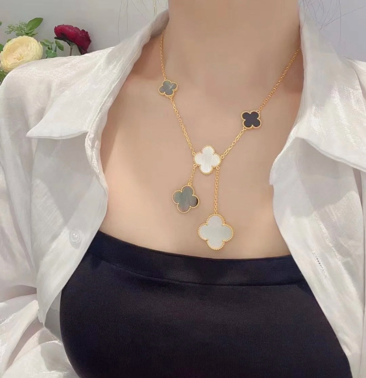 [LuxJewelry]CLOVER 6 MOTIF MOP ONYX GOLD NECKLACE