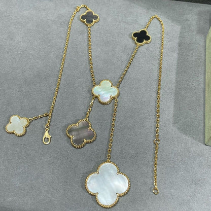 [LuxJewelry]CLOVER 6 MOTIF MOP ONYX GOLD NECKLACE