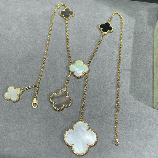 [LuxJewelry]CLOVER 6 MOTIF MOP ONYX GOLD NECKLACE